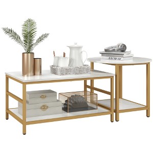 HOMCOM Coffee Tables Set of 2, Rectangle and Round Coffee Table with Storage Shelves, Faux Marble Top and Steel Frame, White - 1 of 4