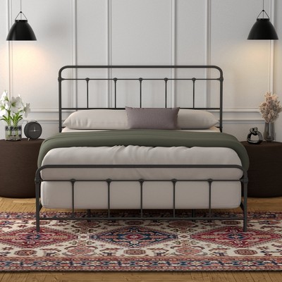 Full Size Black Metal Bed Frame with Headboard and Slats