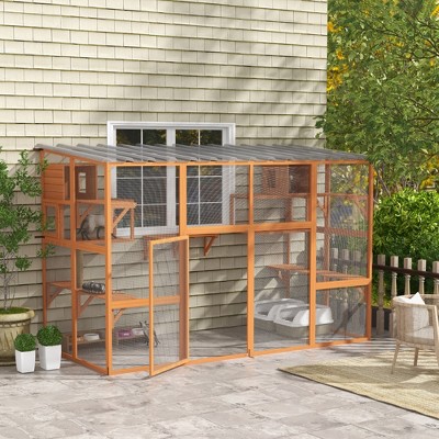 Large Orange Wooden Outdoor Cat House with Weather Protection Roof