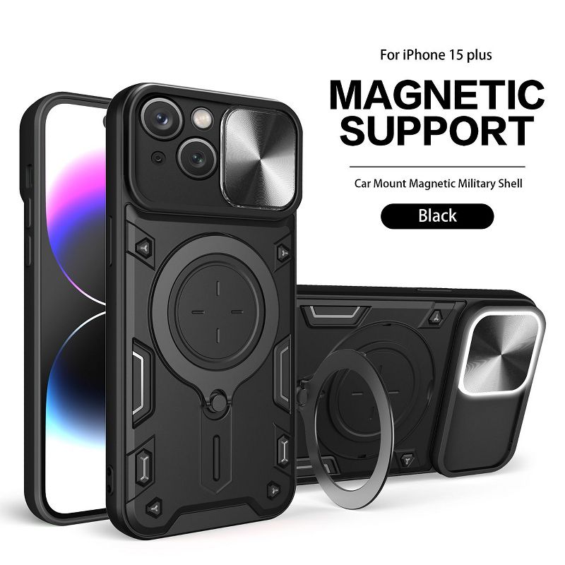 Reiko TPU PC Shockproof Magnetic Phone Case with Free Adjustment Ring Holder for IPHONE 15 Plus in Black, 1 of 2