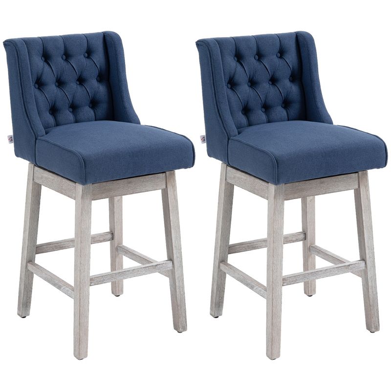 HOMCOM Bar Height Bar Stools Set of 2, 180 Degree Swivel Kitchen Island Stool, 30" Seat Height with Wood Footrests, Button Tufting, 1 of 7