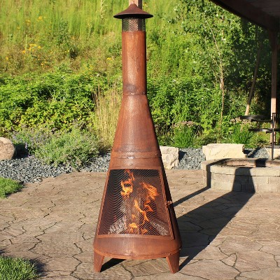 Rustic 70-Inch Brown Steel Wood-Burning Chiminea with Mesh Screen