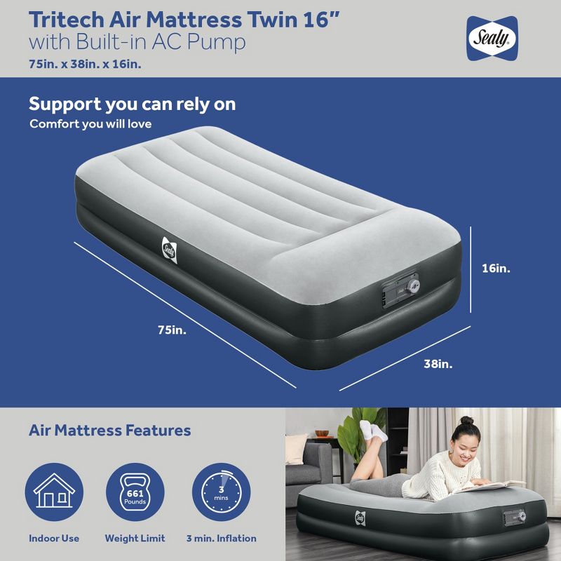 Sealy Tritech Inflatable Indoor or Outdoor Air Mattress Bed 16" Airbed with Built-AC Pump, Headrest, Storage Bag, and Repair Patch, 4 of 7