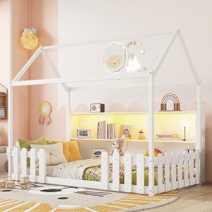 Twin Size Wood House Bed with LED Light, Storage Bookshelf and Guardrails - 1 of 4