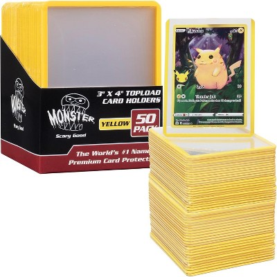 Monster Top Loaders for Trading Cards - 50, 3x4" Clear Hard Plastic Protector w Yellow Border- Compatible w Yugioh, Sports & More