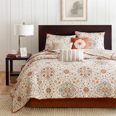 Ivory and Orange King Reversible Microfiber Quilt Set