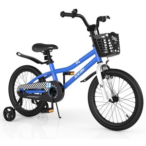 Infans 18 Inch Kids Bike w/Training Wheels & Handbrake, Fully Enclosed Chain, Adjustable Handlebar & Seat w/Basket, Blue Chessboard Pattern - 1 of 4