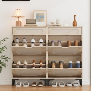 DobleePy Oak Rattan Shoe Cabinet, 3-Tier Shoe Storage with 2 Flip Drawers & 1 Pull-Out Drawer, Adjustable Shelf, Narrow Organizer for Entryway - 1 of 4