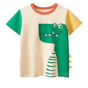 MyKids-Usa Boys's Cartoon Dinosaur Print Color Patchwork Short Sleeves T-Shirt In European And American Style - 1 of 4