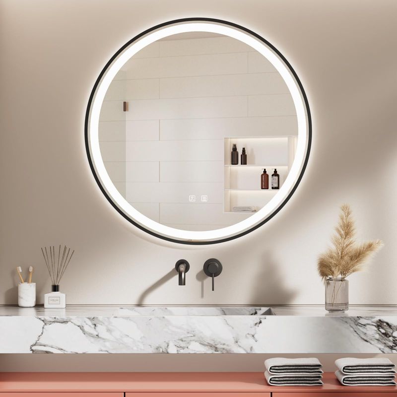 HOMLUX 32 in. W x 32 in. H Round Framed LED Light with 3 Color and Anti-Fog Wall Mounted Bathroom Vanity Mirror in Black, 1 of 10