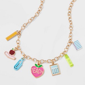 Teacher Pencil Calculator Apple Charm Necklace - Gold - 1 of 4