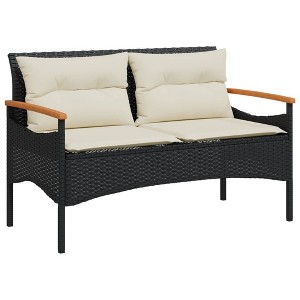 vidaXL Patio Bench with Cushions 45.7"x24.6"x29.1" Black Poly Rattan - Black - 1 of 4