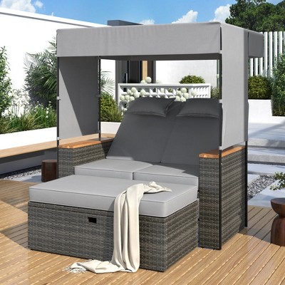Chic Crate-2-Piece Rattan Daybed – 5-Pos. Adj. & Bench Lounge | Waterproof Cushions | Grey Wicker | Multi-Use