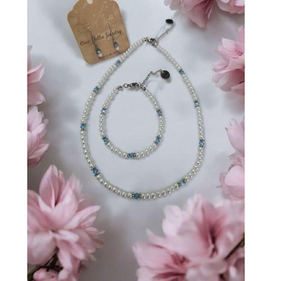 march aquamarine crystal/silver accents/white pearl/necklace, bracelet earring set