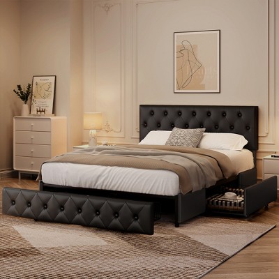 Yaheetech Upholstered Bedframe with Diamond Button Tufted Adjustable Headboard and 3 Storage Drawers