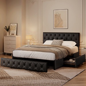 Yaheetech Upholstered Bedframe with Diamond Button Tufted Adjustable Headboard and 3 Storage Drawers - 1 of 4