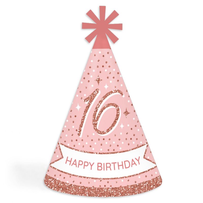 Big Dot of Happiness 16th Pink Rose Gold Birthday - Cone Happy Birthday Party Hats for Adults - Set of 8 (Standard Size), 1 of 8