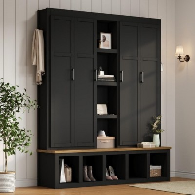 Farmhouse 4-in-1 Hall Tree with Hooks, Entryway Coat Rack and Shoe Storage Cabinet with Seating Bench for Hallway or Living Room–The Pop Home