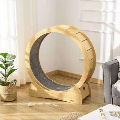 Natural Wood Cat Exercise Wheel with Carpet Runway