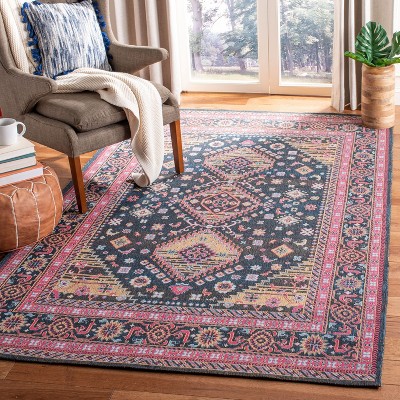 Navy and Pink Floral Motif Cotton Area Rug, 4' x 6'