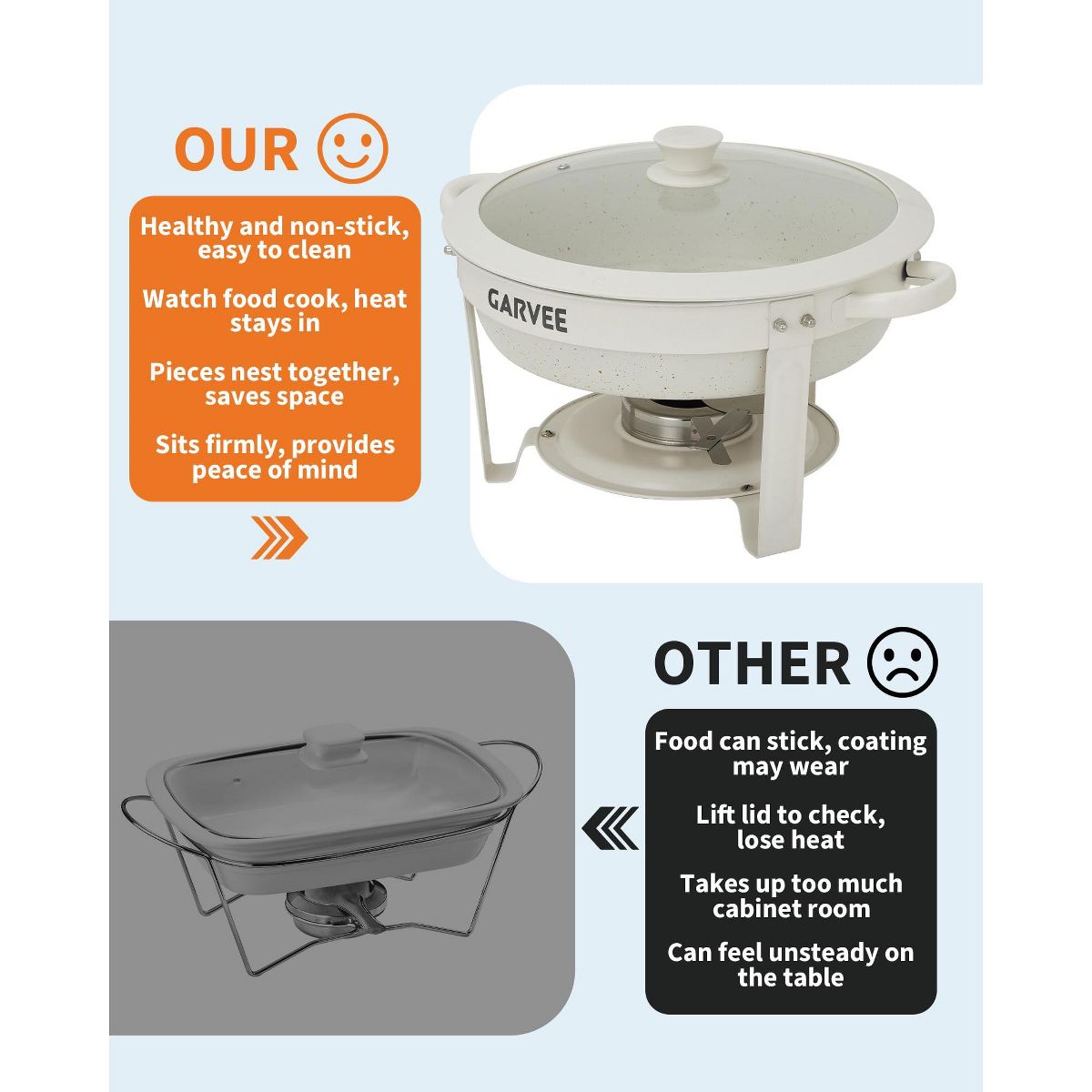 Garvee Chafing Dishes for Buffet 2 Pack, Round Maifanite Coated Food Warmers for Parties, Wedding Buffet Servers with Glass Lids for Catering - thumbnail 6