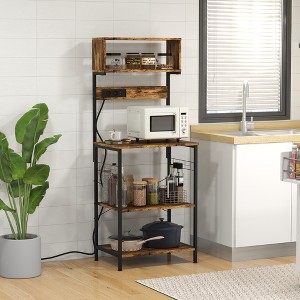 PDTEND Rustic Brown Kitchen Baker’s Rack with Power Outlet, Adjustable Shelves, Microwave Stand, Coffee Bar & 5 Hooks - 1 of 4