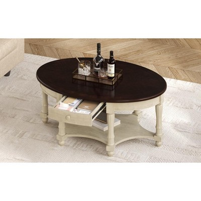Vynxaria Vintage Oval Coffee Table - Antique Design with Drawer & Storage Shelf for Living Room
