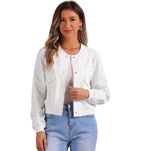 Allegra K Women's Biker Moto Stand Collar Button Down Cropped Bomber Jacket - 1 of 4