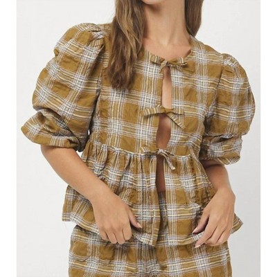 Women's Plaid Peplum Puffy Tie Top - needii