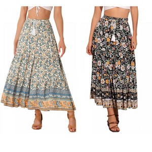 INSPIRE CHIC Women's Summer Floral Boho Tassels Elastic Waist Casual Maxi Skirts 2 Packs - 1 of 4