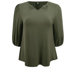 Women's Plus Size 3/4 Sleeve Smocked Notch V Neck Summer Dressy Casual Blouses - GRACE & GRANDEUR - 1 of 4