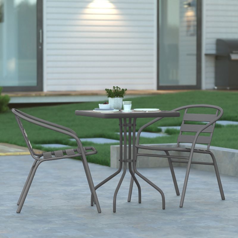 Emma and Oliver 23.5'' Square Glass Top Metal Table with 2 Aluminum Slat Stack Chairs, 2 of 13