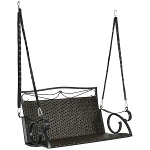 Outsunny PE Wicker Porch Swing, 2-Seater Hanging Swing Bench with Chains, 528 LBS Weight Capacity, Flourishes, Brown - 1 of 4