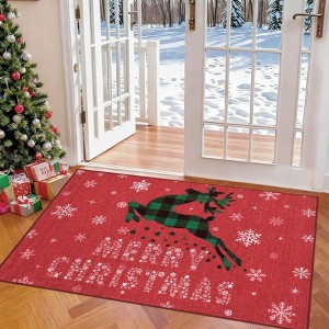 Christmas Deer Rugs for Entryway Plaid Deer Snowflakes Area Rug for Front Door Low Pile Throw Mat Indoor Living Room - 1 of 4