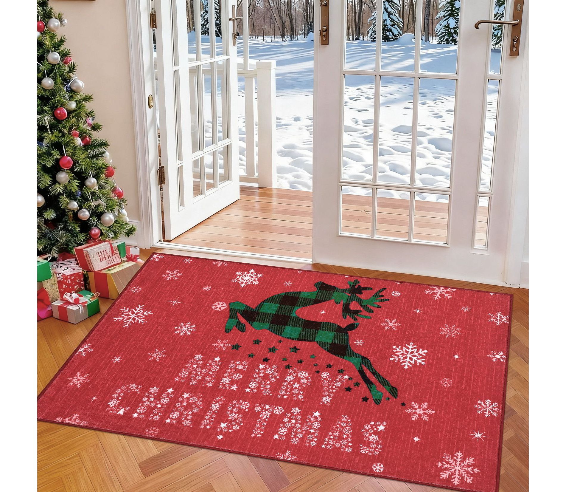 Christmas Deer Rugs for Entryway Plaid Deer Snowflakes Area Rug for Front Door Low Pile Throw Mat Indoor Living Room