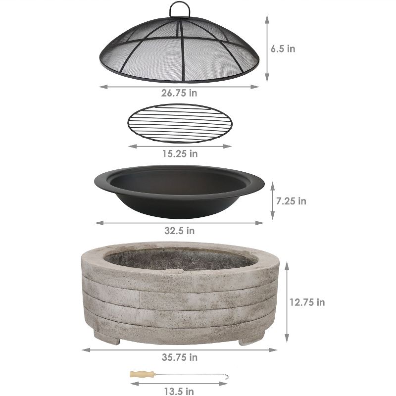 Sunnydaze Outdoor Large Round Faux Stone Fire Pit with Handles, Log Poker, and Spark Screen - 35" - Gray, 4 of 9