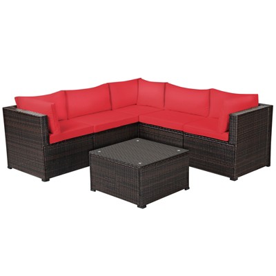 Tangkula 6 PCS Patio Rattan Furniture Set Outdoor Wicker Conversation Sofa Set w/Tempered Glass Coffee Table Red