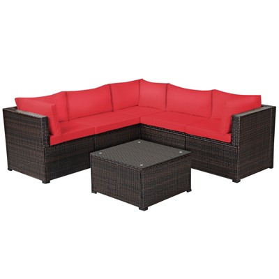 Tangkula 6 PCS Patio Rattan Furniture Set Outdoor Wicker Conversation Sofa Set w/Tempered Glass Coffee Table