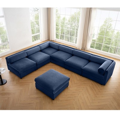 DOMETOUR Modern 6-Piece Modular Sectional Sofa with Storage Soft Blue Chenille Fabric  Contemporary Cylindrica Design for Living Room