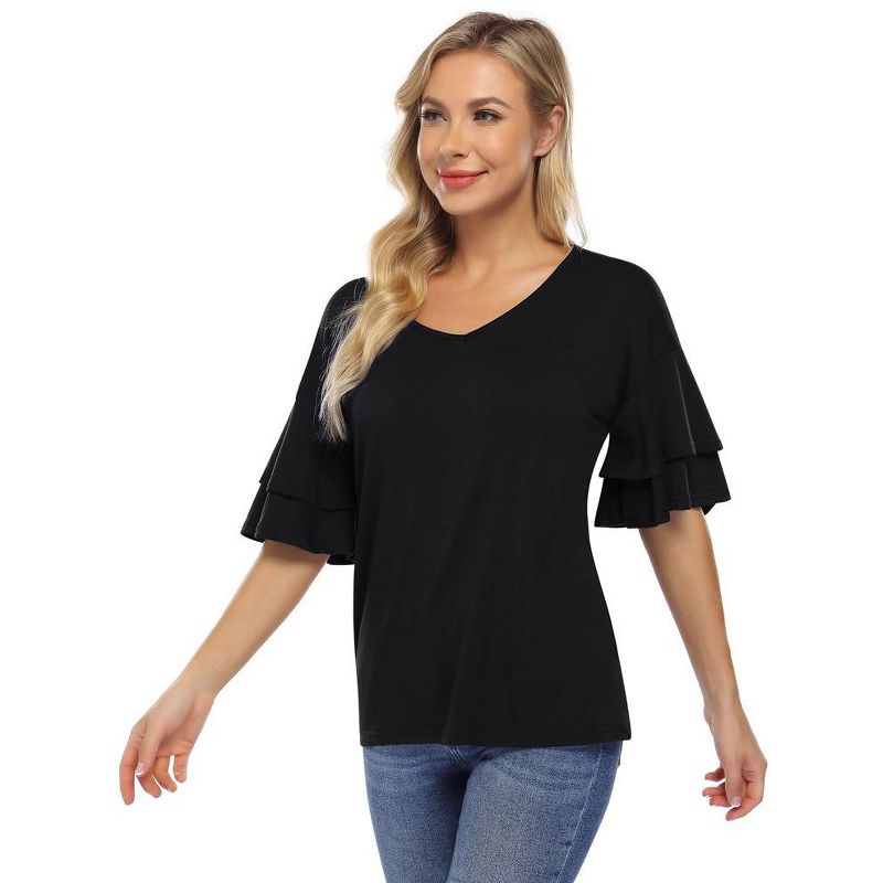 Women's Ruffle Tunic Top Casual V Neck Shirt Bell Half Sleeve Pullover Blouse Top, 5 of 8