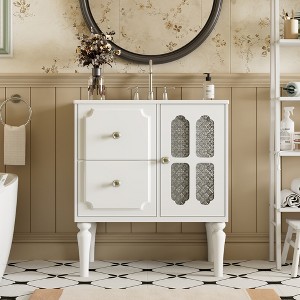 30" Bathroom Vanity with Ceramic Sink, Modern Bathroom Storage Cabinet with 2 Drawers and a Glass Door - 1 of 4