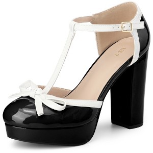 BLISSFUL STEP Women's Patent Leather T-Strap Round Toe Chunky Heel Pumps - 1 of 3