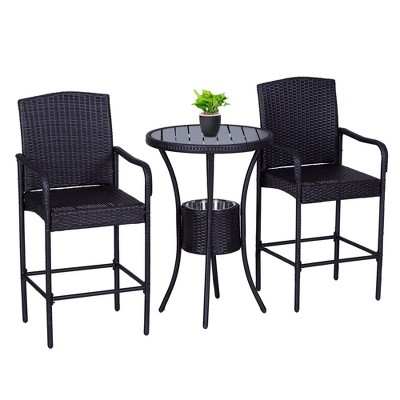 Outsunny Rattan Wicker Bar Set for 3 PCS with Ice Buckets Patio Furniture with 1 Bar Table and 2 Bar Stools for Poolside Backyard Porches