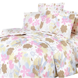 Slickblue 4 Pcs 100% Cotton Bedding Set, Deep Pocket Fitted Sheet, Duvet Cover Set, Floral, Queen/King, Pink, 4pc - 1 of 3
