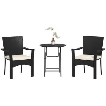 Outsunny 3 Pieces Patio Bistro Set with Cushions, PE Wicker Outdoor Furniture Set, for Porch, Backyard, Garden, White