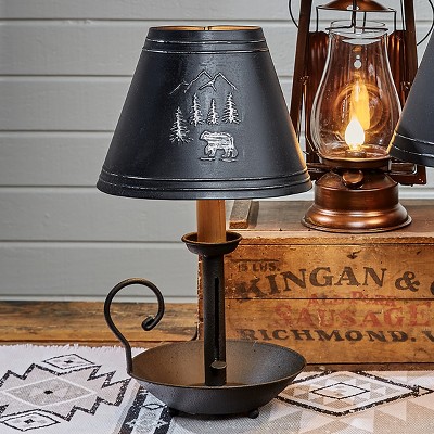 Rustic Black Iron Chamberstick Lamp with Wooden Accent