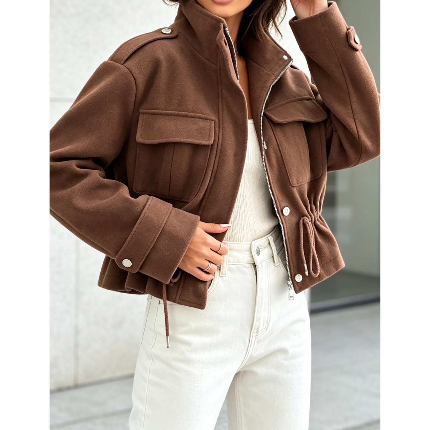 Женская куртка YesFashion Women Drawstring Waist Cropped Utility Jacket Long Sleeve Zip‑Up Stand Collar Casual Outerwear, Brown, цвет: Коричневый — фото 1
