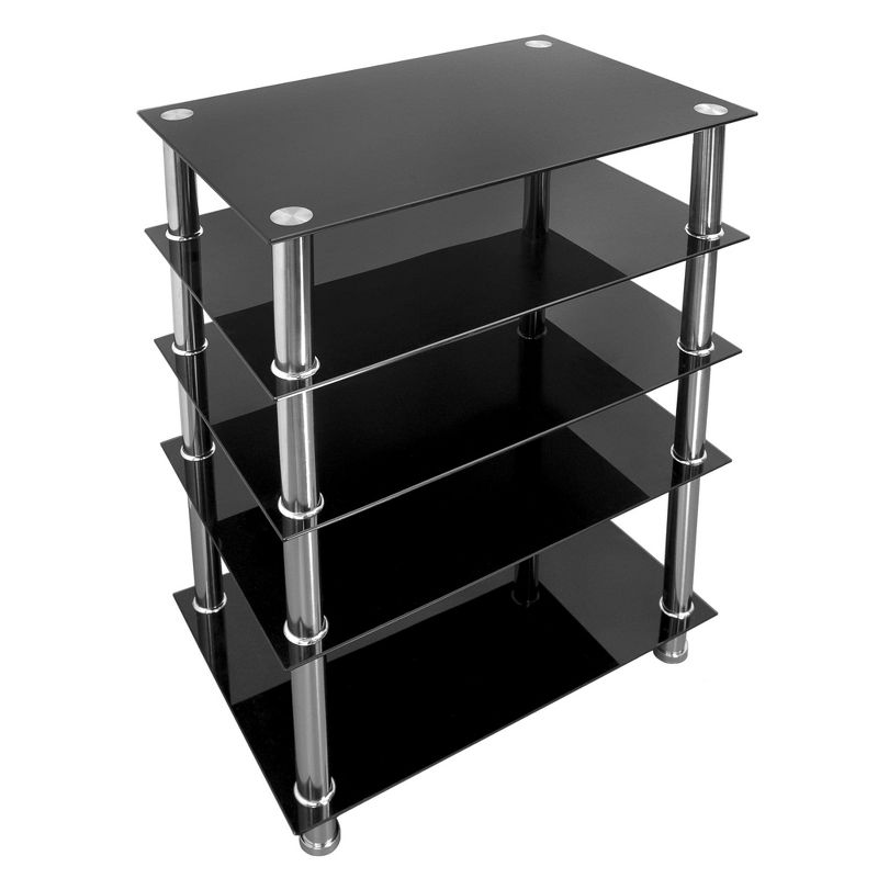 Mount-It! Tempered Glass AV Component Media Stand, Audio Tower and Media Center with 5 Shelves, 220 Lbs Total Capacity, Black Shelves Chrome Legs, 1 of 9