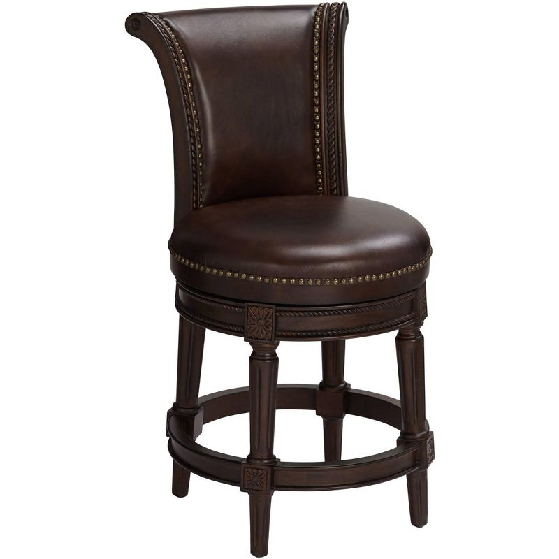 55 Downing Street Addison Walnut Swivel Bar Stool Brown 26" High Traditional Mocha Leather Cushion with Backrest Footrest for Kitchen Counter Height, 1 of 10