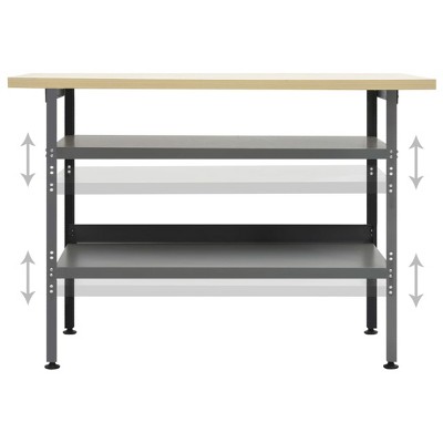 Sturdy Gray Steel Workbench with Adjustable Height and Storage Shelves